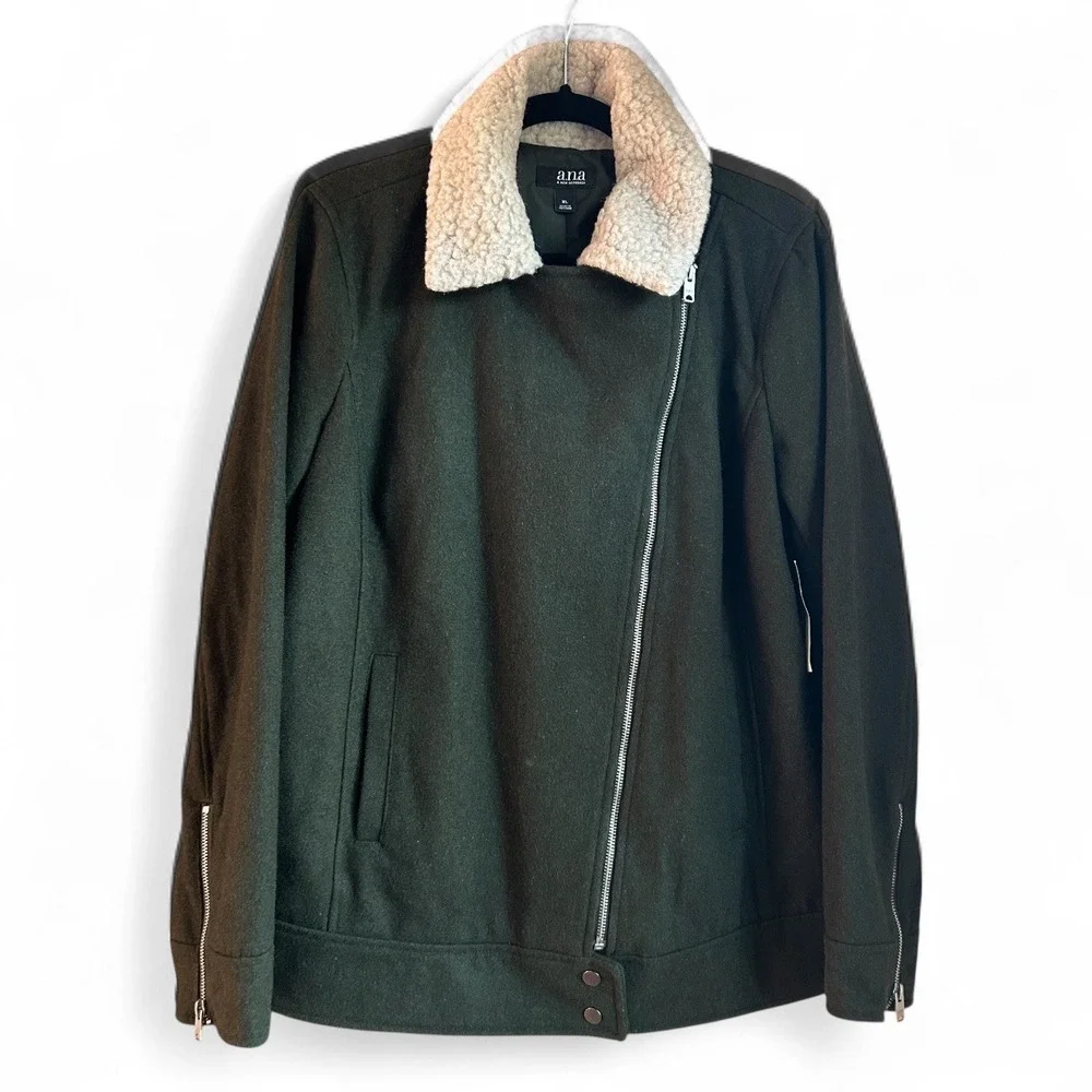 A New Approach Women Moto Jacket Size XL Earthy Green Sherpa Assymetrical Zip